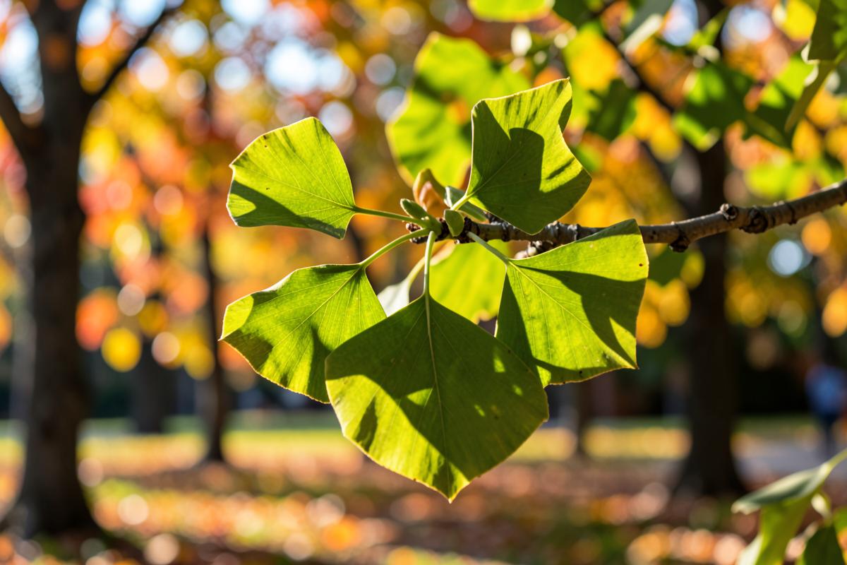 A ginkgo branch with fan-shaped green leaves backlit in an autumn park