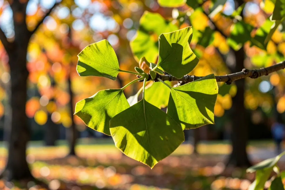 A ginkgo branch with fan-shaped green leaves backlit in an autumn park A ginkgo branch with fan-shaped green leaves backlit in an autumn park