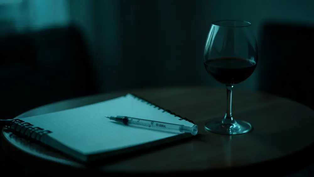 A weekly injection pen and notebook beside an untouched glass of wine on a dim table