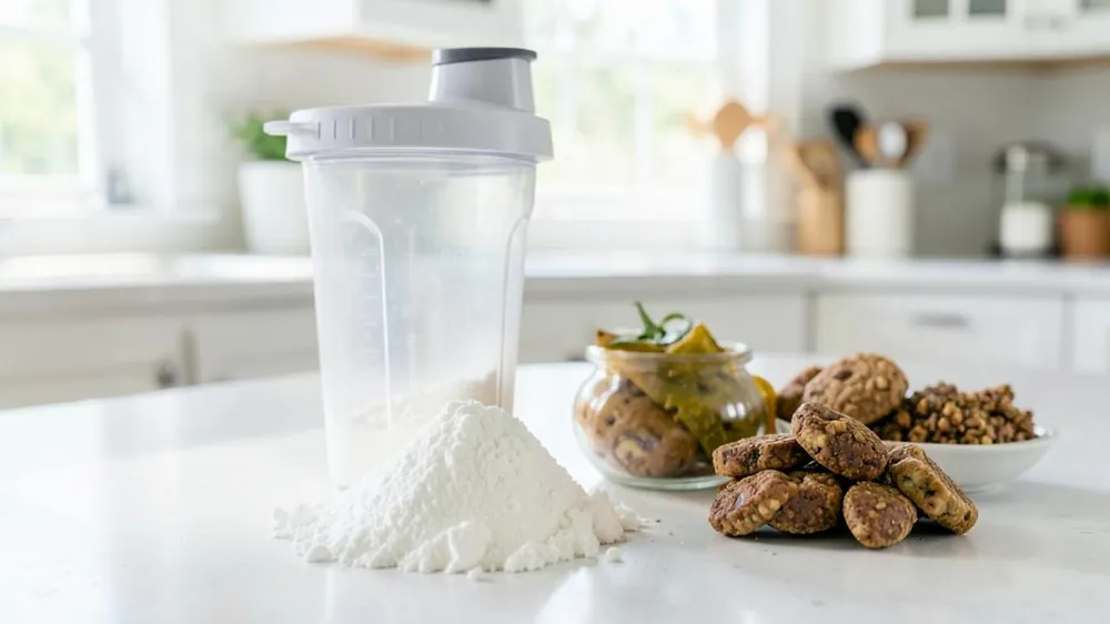 Scoop of glutamine powder beside a shaker bottle and eggs on a kitchen surface Scoop of glutamine powder beside a shaker bottle and eggs on a kitchen surface