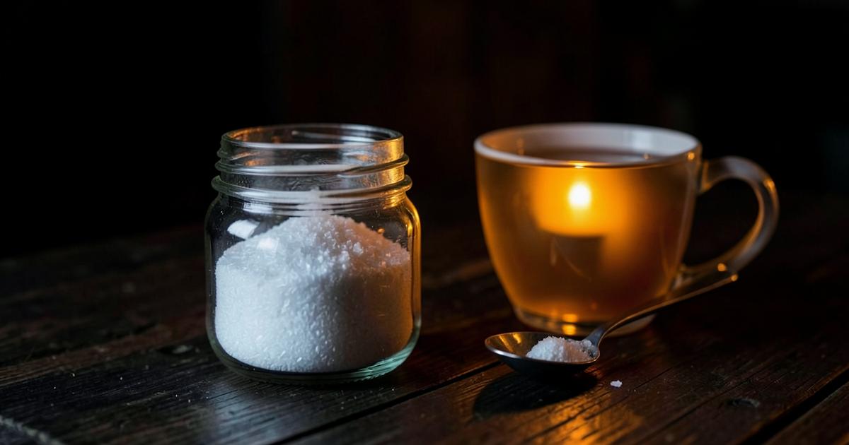 A jar of fine white crystalline powder beside a spoon and a mug of herbal tea at night