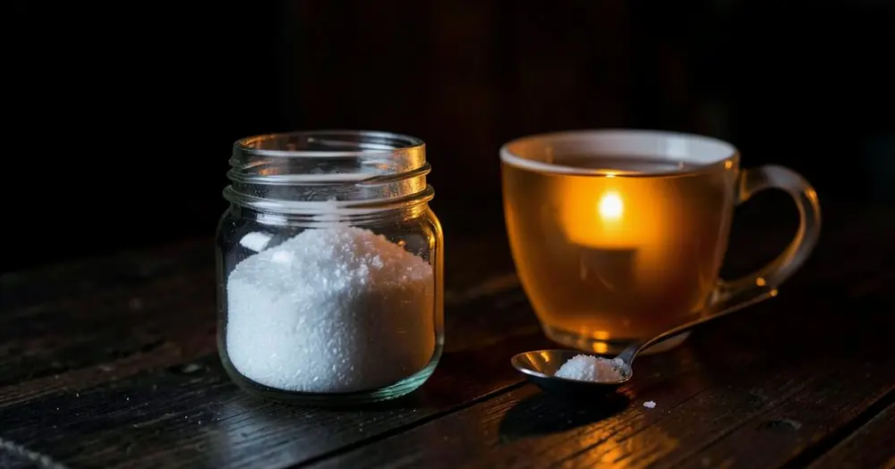 A jar of fine white crystalline powder beside a spoon and a mug of herbal tea at night A jar of fine white crystalline powder beside a spoon and a mug of herbal tea at night