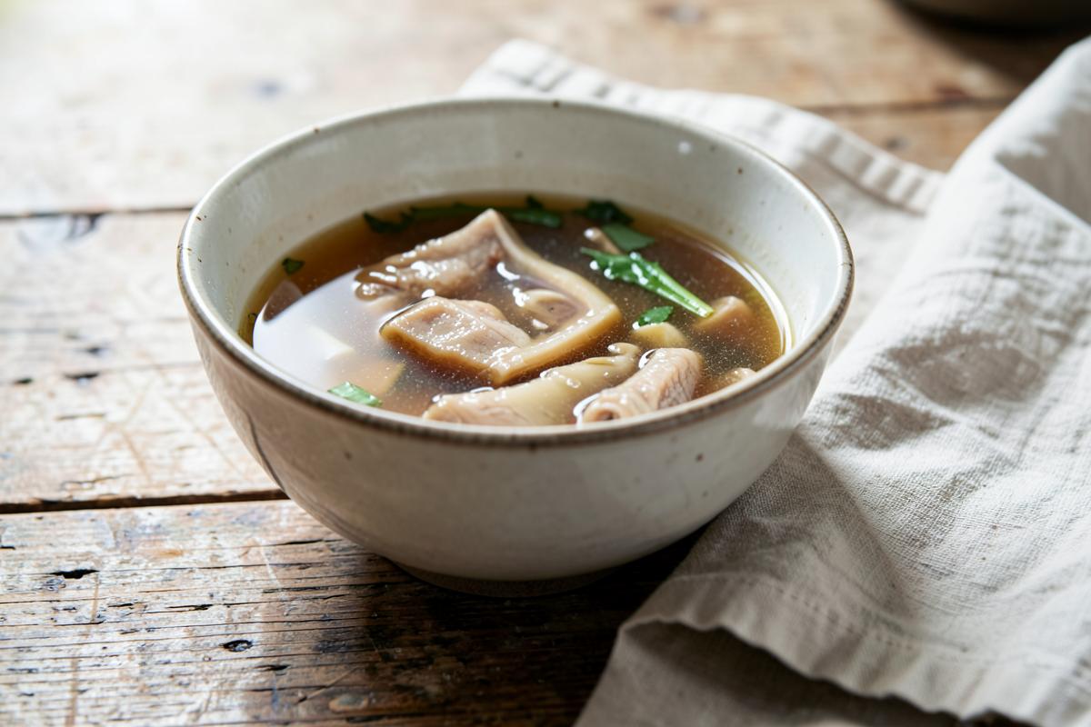 A bowl of rich bone broth on a rustic wooden table