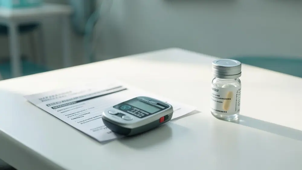 A blood glucose meter and a lab request form beside a vial on a clinic table
