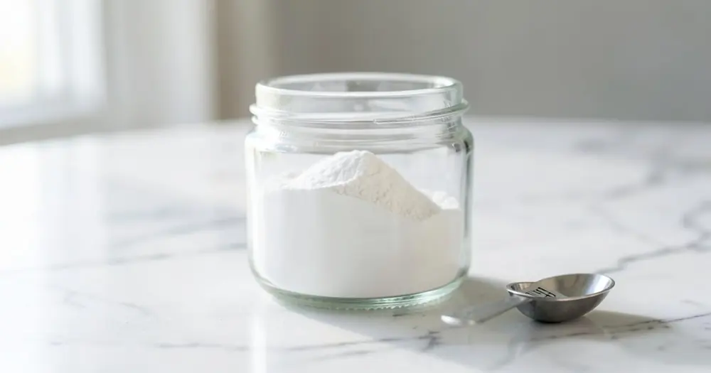 Fine white inositol powder in a glass jar with a measuring spoon on a marble counter Fine white inositol powder in a glass jar with a measuring spoon on a marble counter