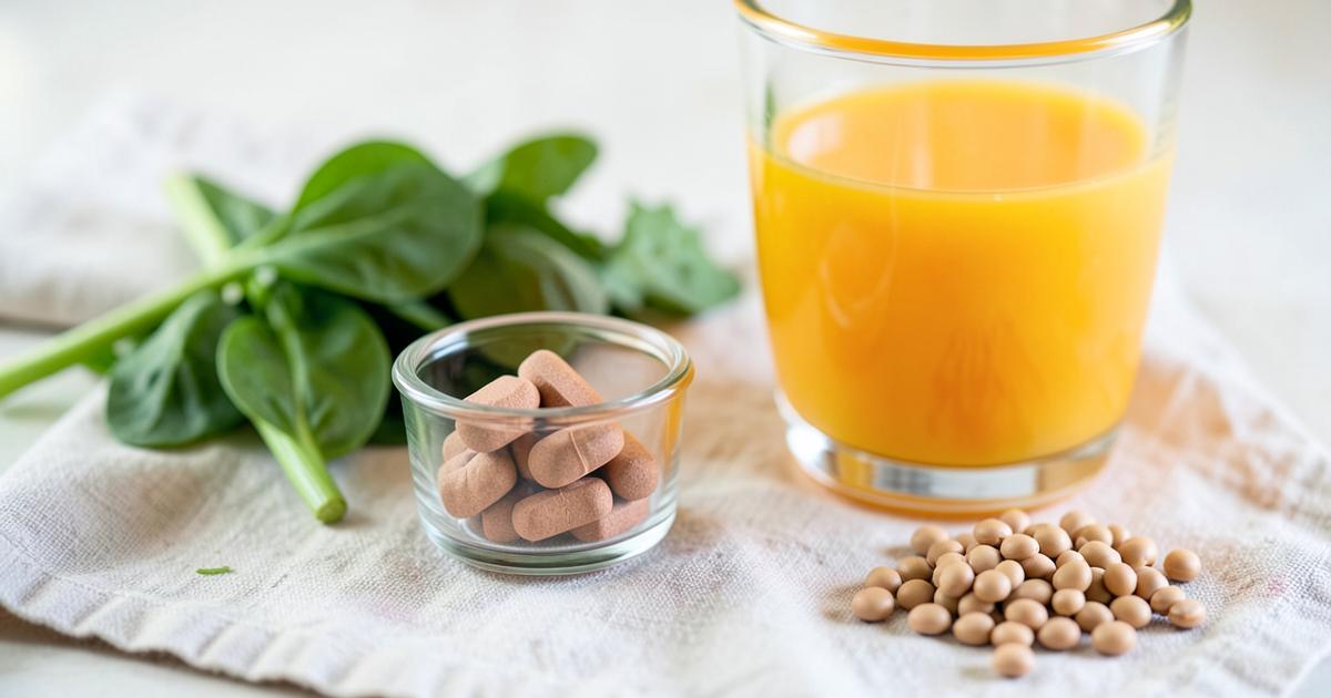Iron tablets in a small glass dish beside orange juice, spinach and lentils