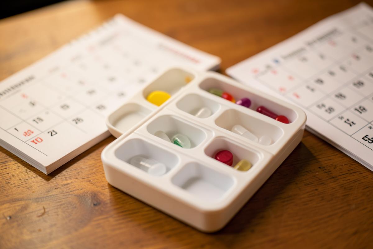 A weekly pill organiser with alternating filled compartments beside a calendar