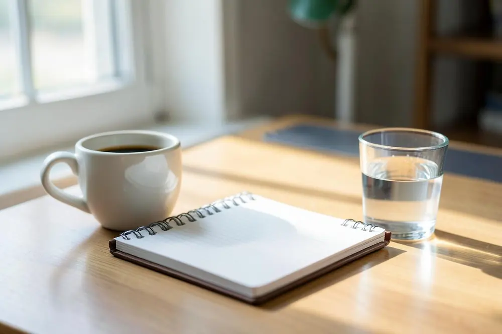 A quiet desk with a coffee cup, an open notebook and a glass of water in daylight