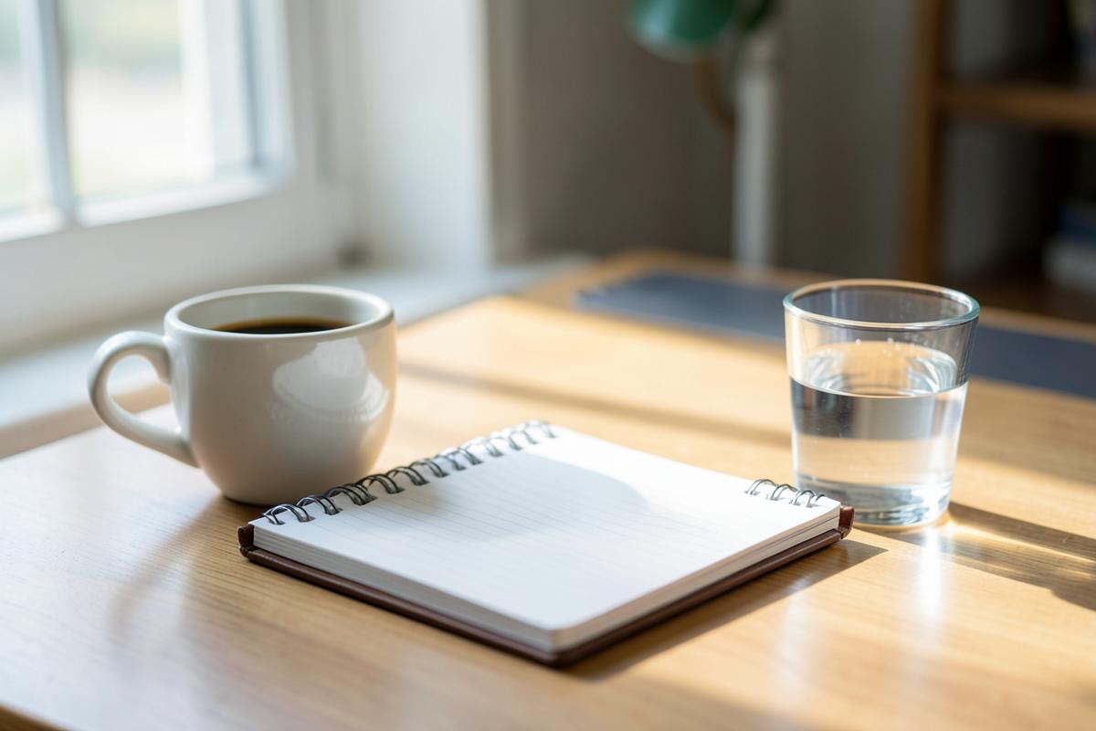 A quiet desk with a coffee cup, an open notebook and a glass of water in daylight