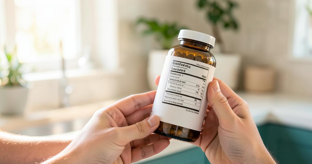 Hands reading the supplement facts panel on a bottle in a bright kitchen