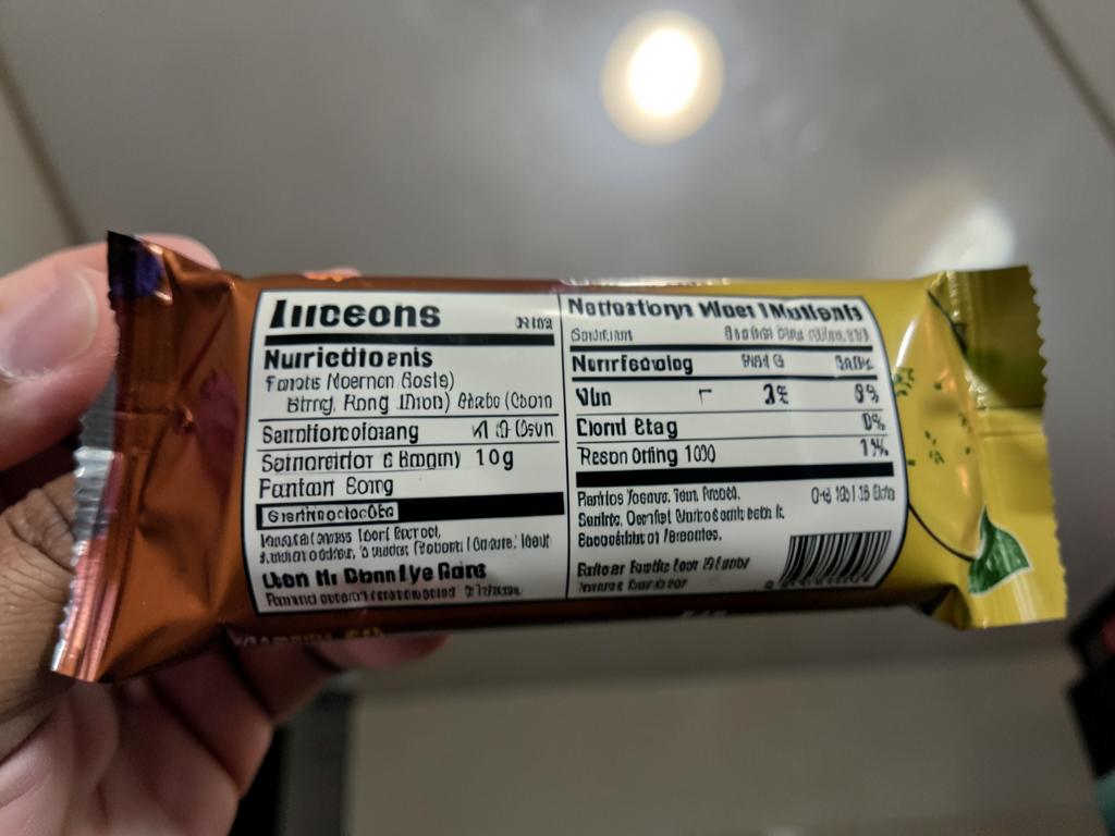 Close-up of a nutrition facts panel on a protein bar wrapper with light glare Close-up of a nutrition facts panel on a protein bar wrapper with light glare