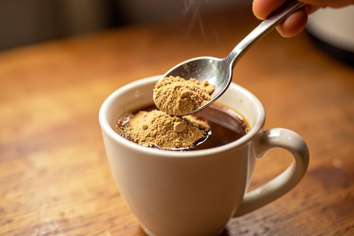 Tan mushroom powder being spooned into a cup of coffee on a wooden counter