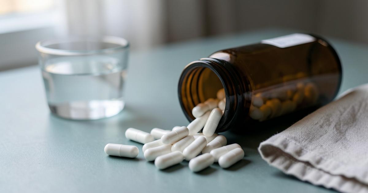 White magnesium glycinate capsules spilling from an amber bottle beside a glass of water