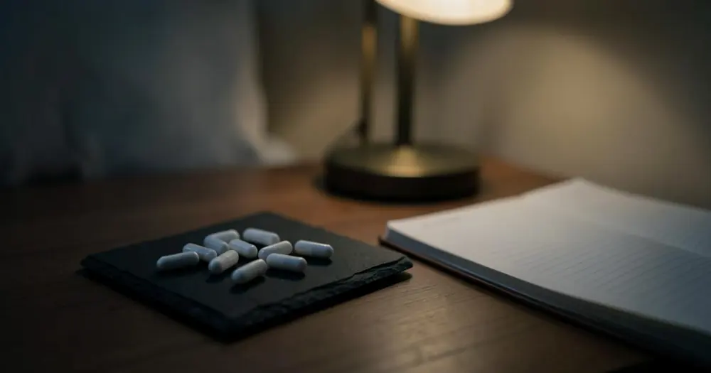 White magnesium capsules on a dark slate tray beside a bedside lamp and open notebook White magnesium capsules on a dark slate tray beside a bedside lamp and open notebook