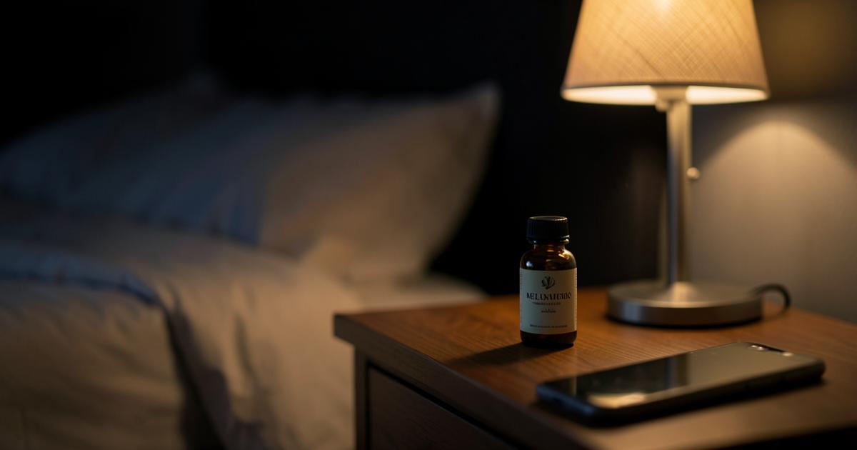 A small amber bottle of melatonin on a bedside table beside a dimmed lamp