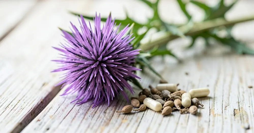 Purple milk thistle flower and dried seeds beside capsules on a light wooden table Purple milk thistle flower and dried seeds beside capsules on a light wooden table