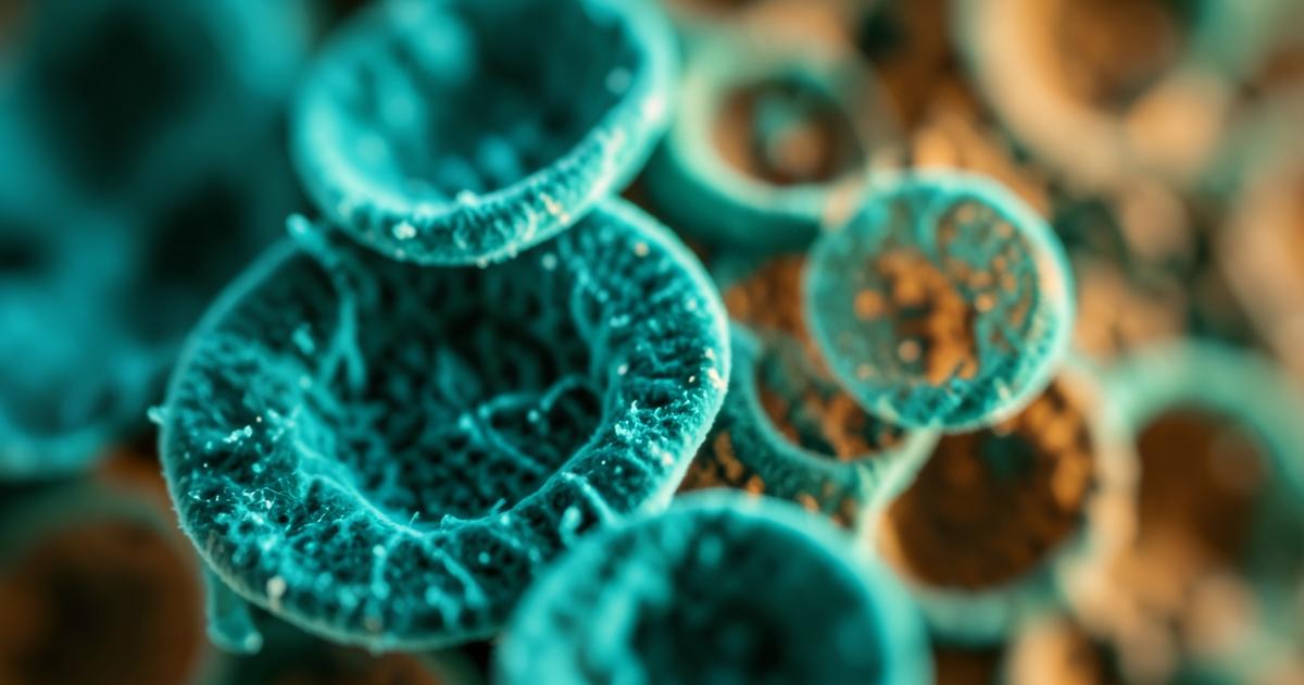Abstract macro image of cellular structures in teal and amber