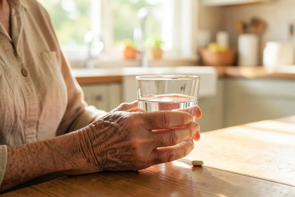 An older person's hands holding a glass of water beside a single capsule at a kitchen table