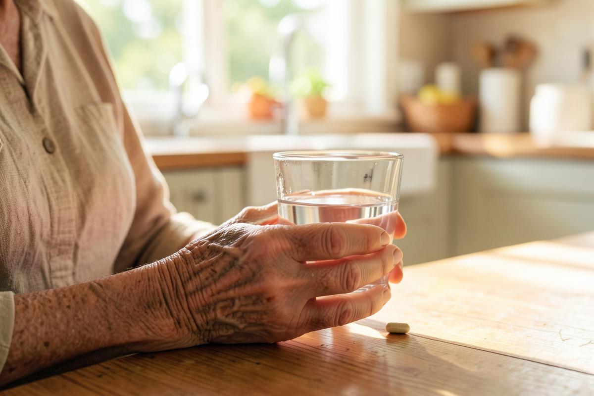 An older person's hands holding a glass of water beside a single capsule at a kitchen table