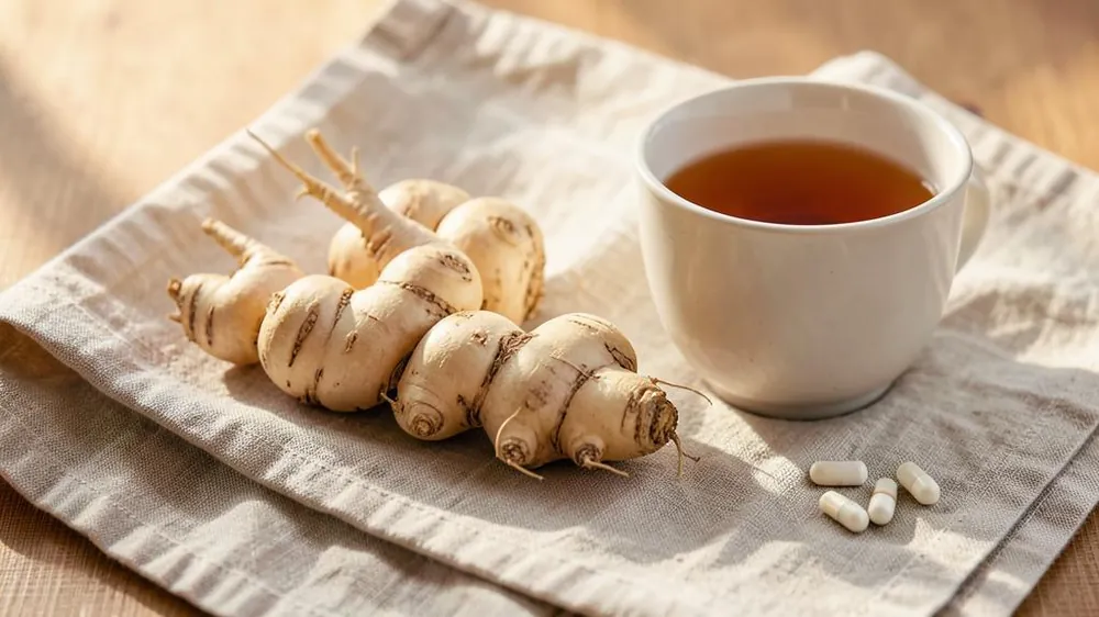 Dried Panax ginseng root beside capsules and tea on a dark wooden table Dried Panax ginseng root beside capsules and tea on a dark wooden table