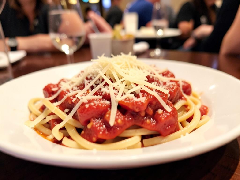Plate of pasta with tomato sauce photographed from a low side angle Plate of pasta with tomato sauce photographed from a low side angle