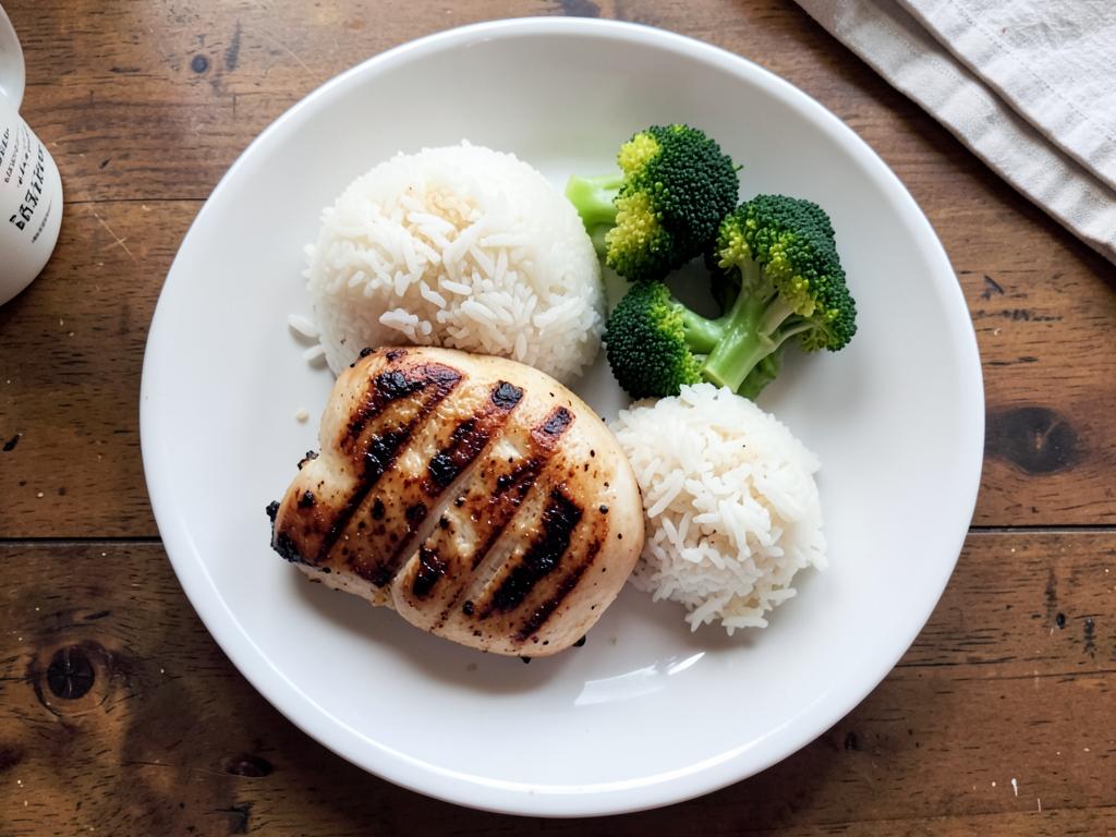 Overhead photo of grilled chicken, white rice and broccoli on a white plate Overhead photo of grilled chicken, white rice and broccoli on a white plate