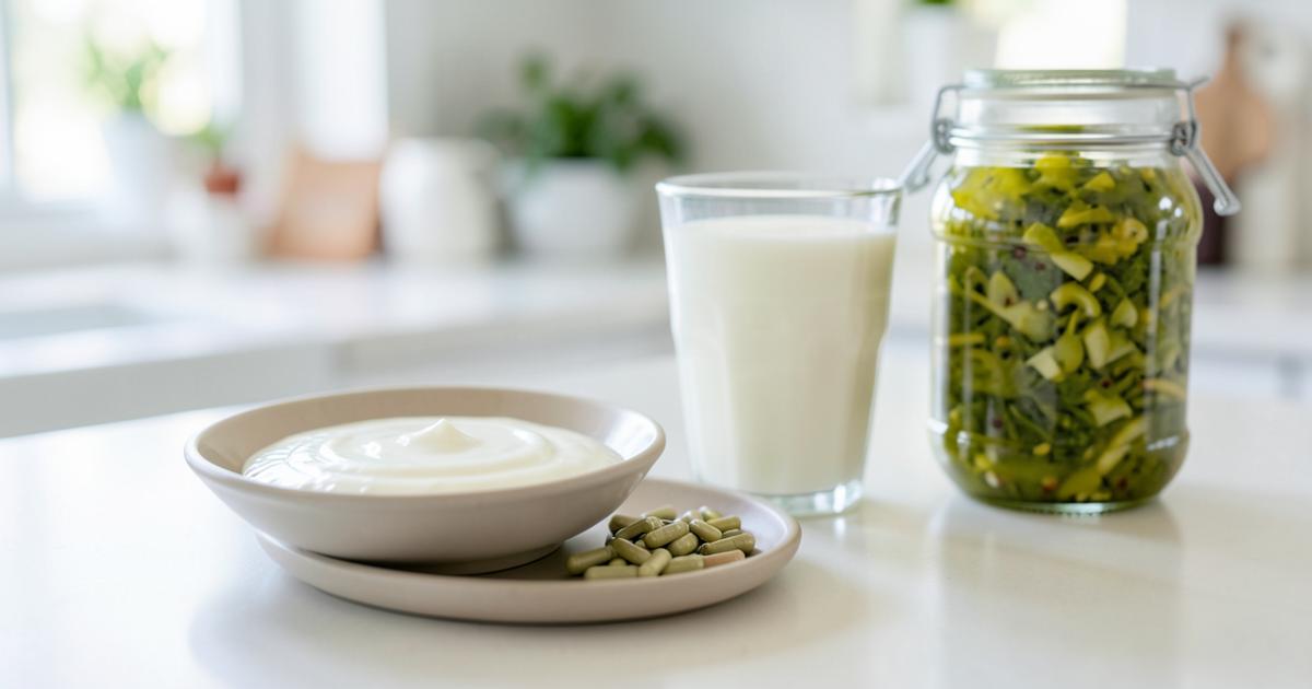 Probiotic capsules beside plain yogurt, kefir and a jar of sauerkraut on a counter