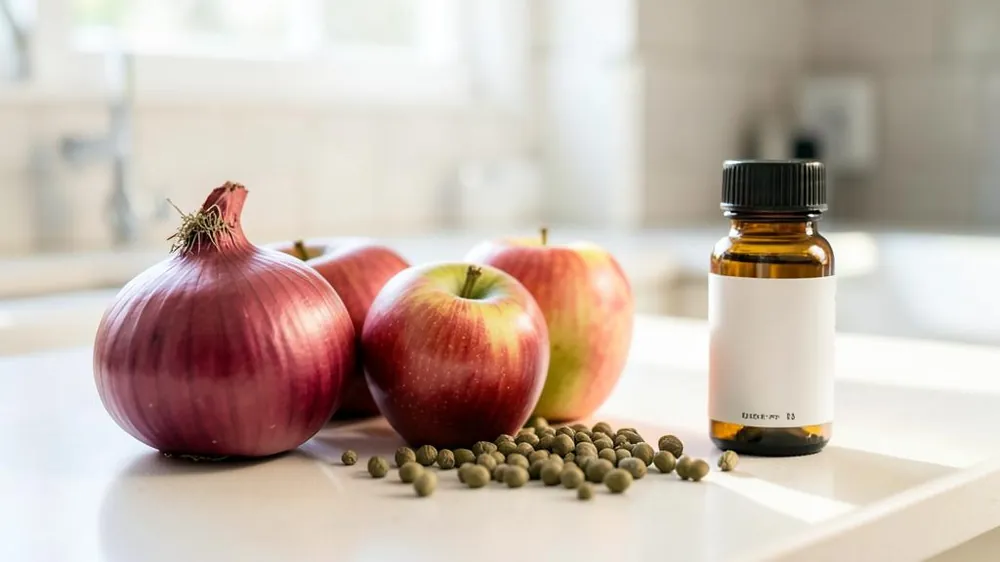 Red onions, apples and capers on a kitchen counter beside an amber supplement bottle Red onions, apples and capers on a kitchen counter beside an amber supplement bottle