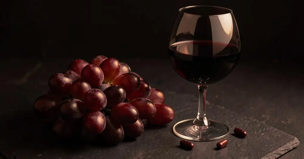 Dark red grapes and a glass of red wine beside deep red capsules on slate Dark red grapes and a glass of red wine beside deep red capsules on slate