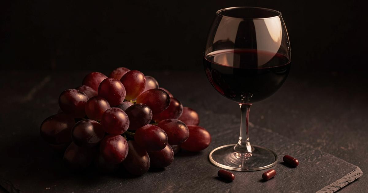Dark red grapes and a glass of red wine beside deep red capsules on slate