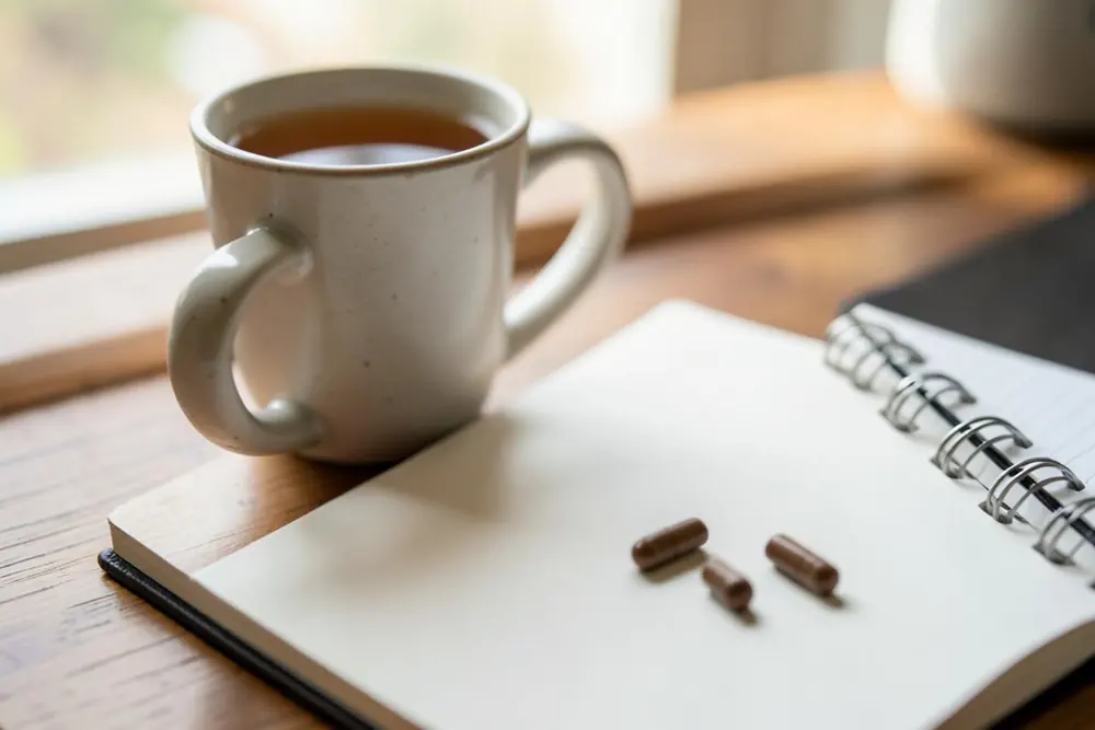 A mug of tea and three brown capsules on an open blank notebook by a window