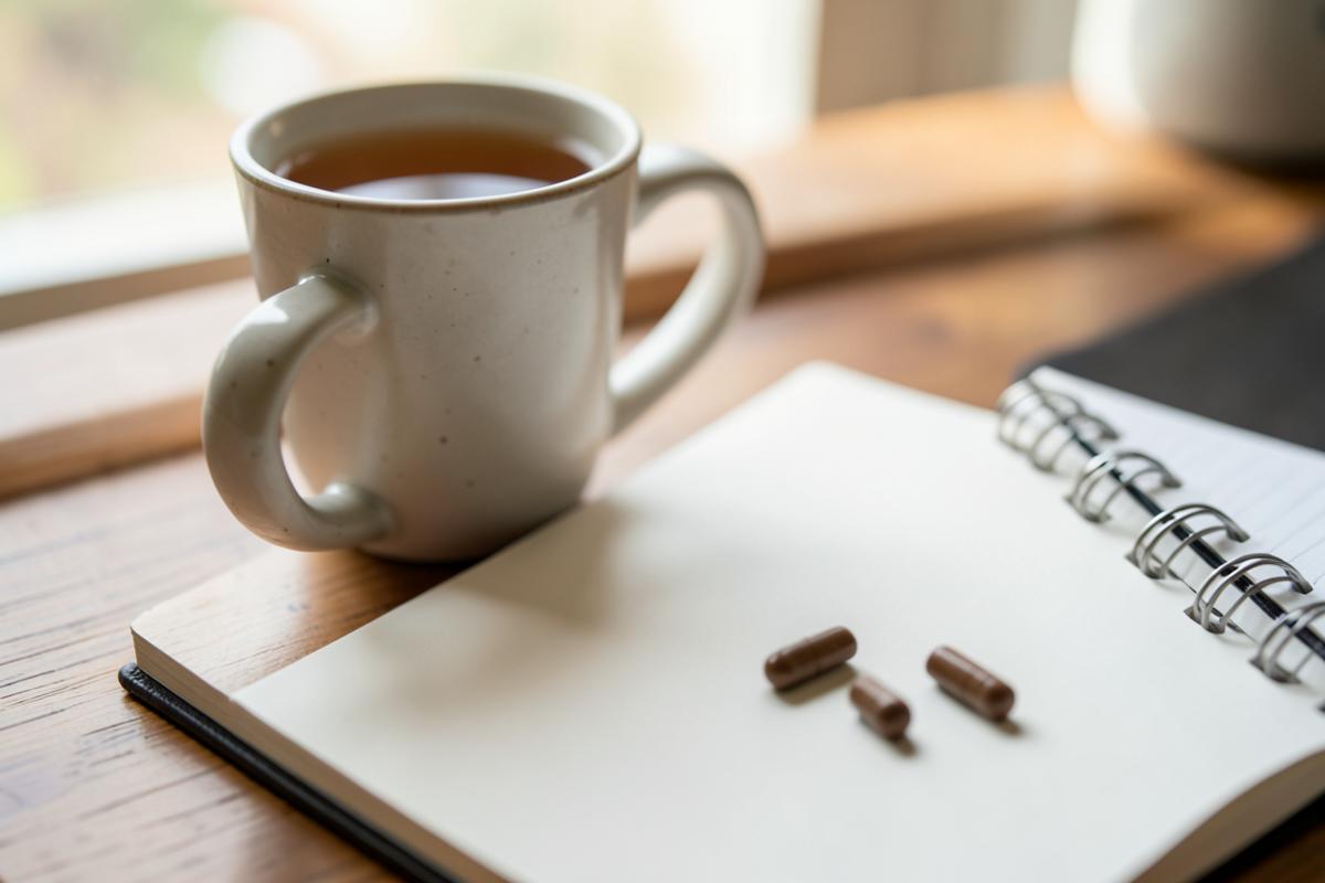 A mug of tea and three brown capsules on an open blank notebook by a window