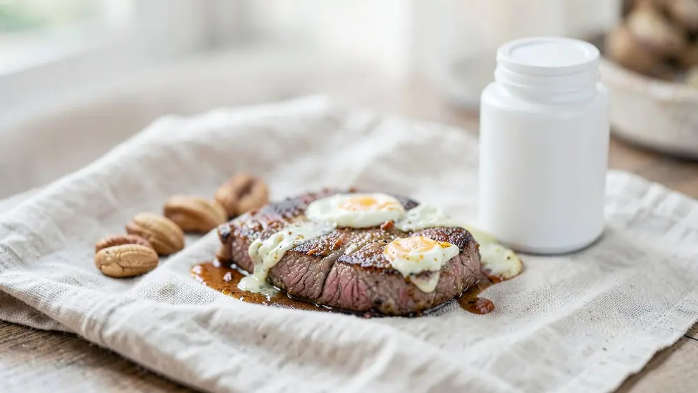 Brazil nuts, a seared tuna steak and eggs on a linen cloth beside a plain white bottle Brazil nuts, a seared tuna steak and eggs on a linen cloth beside a plain white bottle