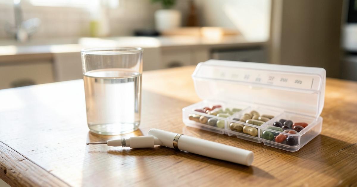 A plain white injector pen on a kitchen table beside a glass of water and a pill organiser