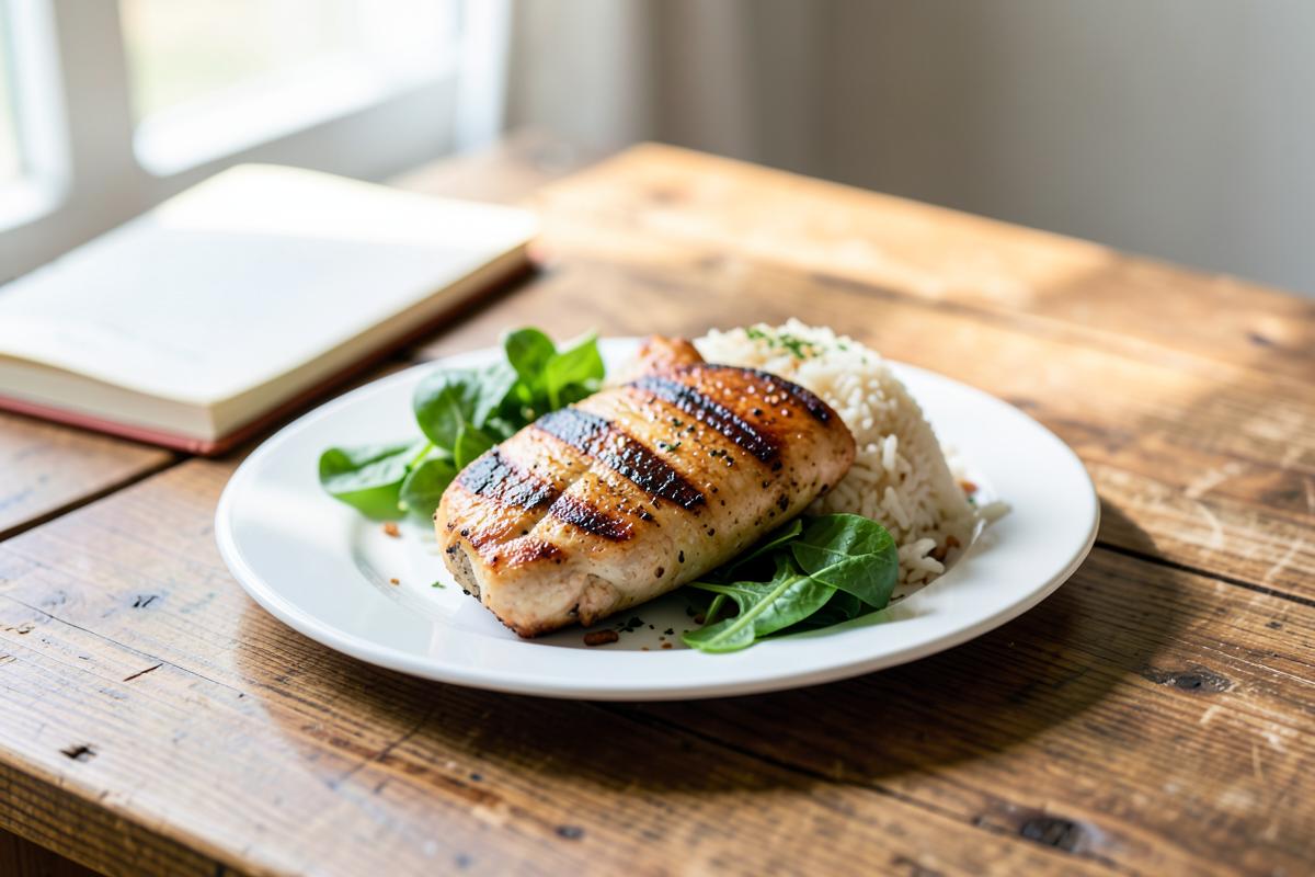 A small plate of grilled chicken, rice and greens on a wooden table beside a notebook
