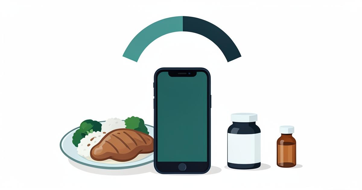 A phone scanning a plate of chicken and rice, a supplement bottle and a medicine vial under a confidence gauge