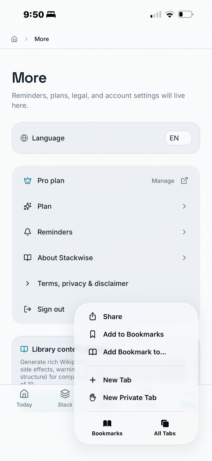 Safari action menu with the Share option highlighted