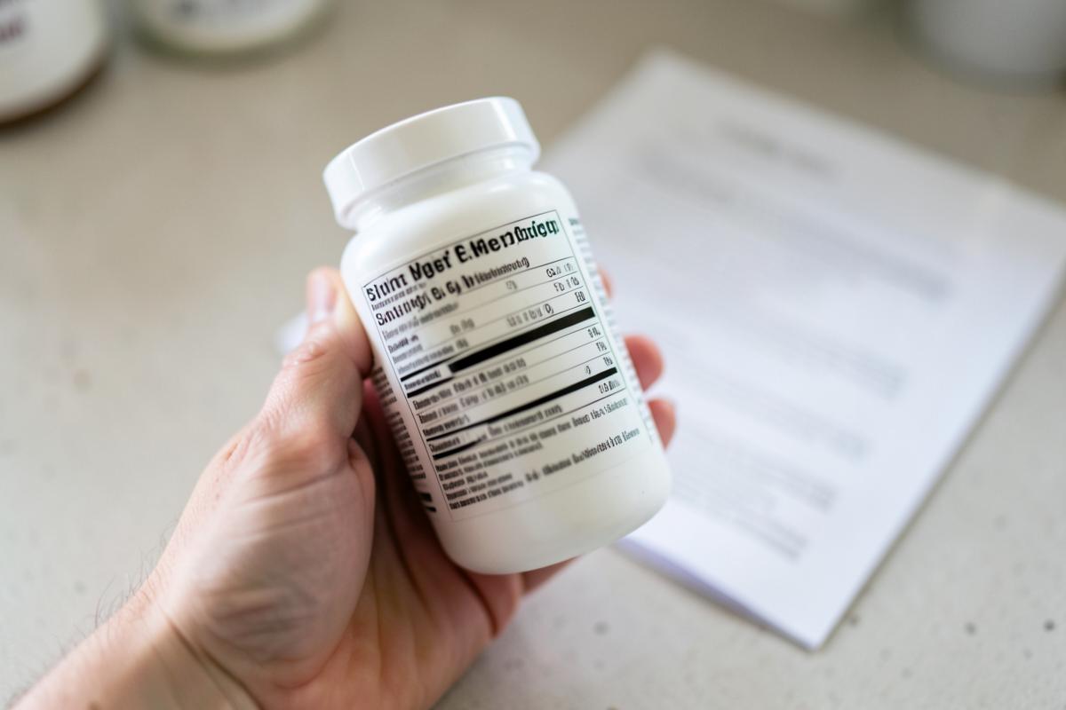 A hand holding a supplement bottle turned to show its facts panel