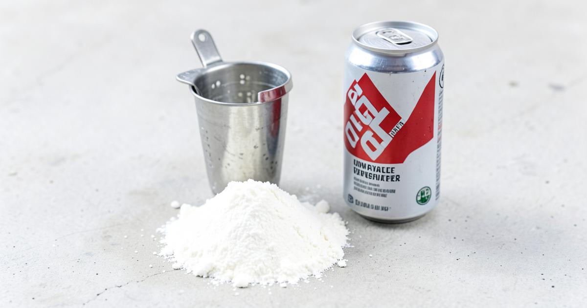 A scoop of white powder beside a shaker bottle and an unbranded energy drink can