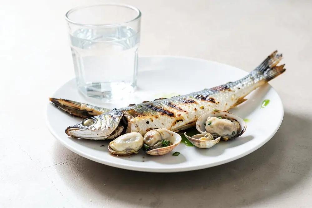 Grilled fish and shellfish on a plate beside a glass of water