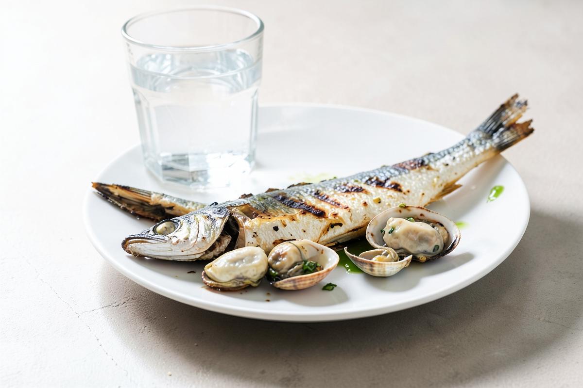 Grilled fish and shellfish on a plate beside a glass of water