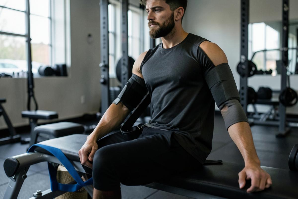 An athlete with a taped shoulder sitting on a bench in a gym