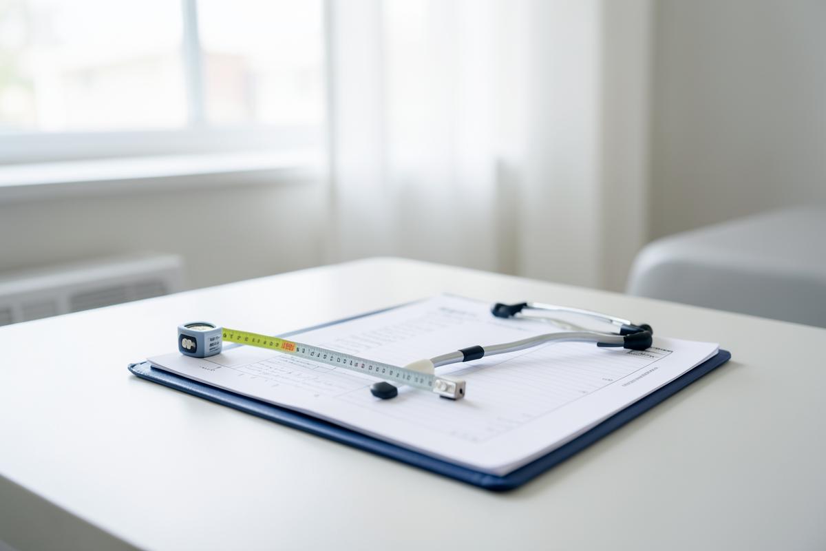 A tape measure and clipboard on a clean examination table