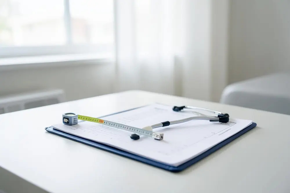 A tape measure and clipboard on a clean examination table