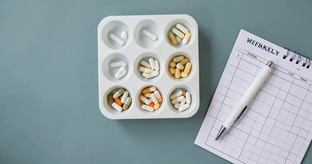 A weekly pill organiser filled with capsules next to a paper planner