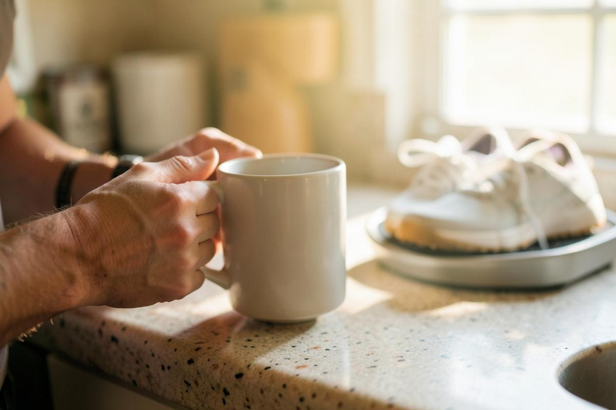 A person holding a mug at a kitchen counter with a scale and running shoes nearby