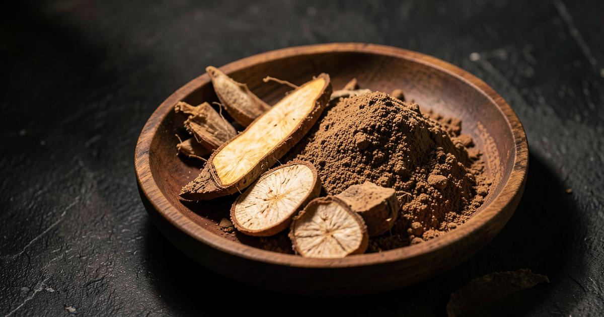 Dried root slices and brown powder in a wooden bowl on a dark surface