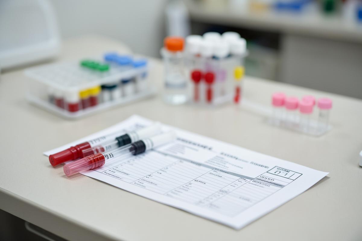 Blood collection tubes and a laboratory requisition form on a clinic desk