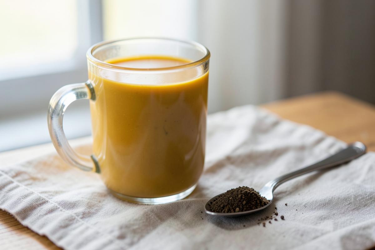 A golden turmeric latte in a glass mug beside a spoon of ground black pepper