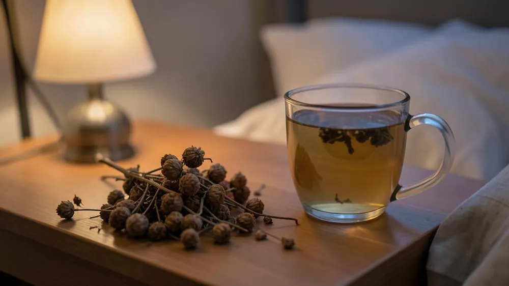 Valerian root, capsules and a mug of tea on a bedside table in low light Valerian root, capsules and a mug of tea on a bedside table in low light